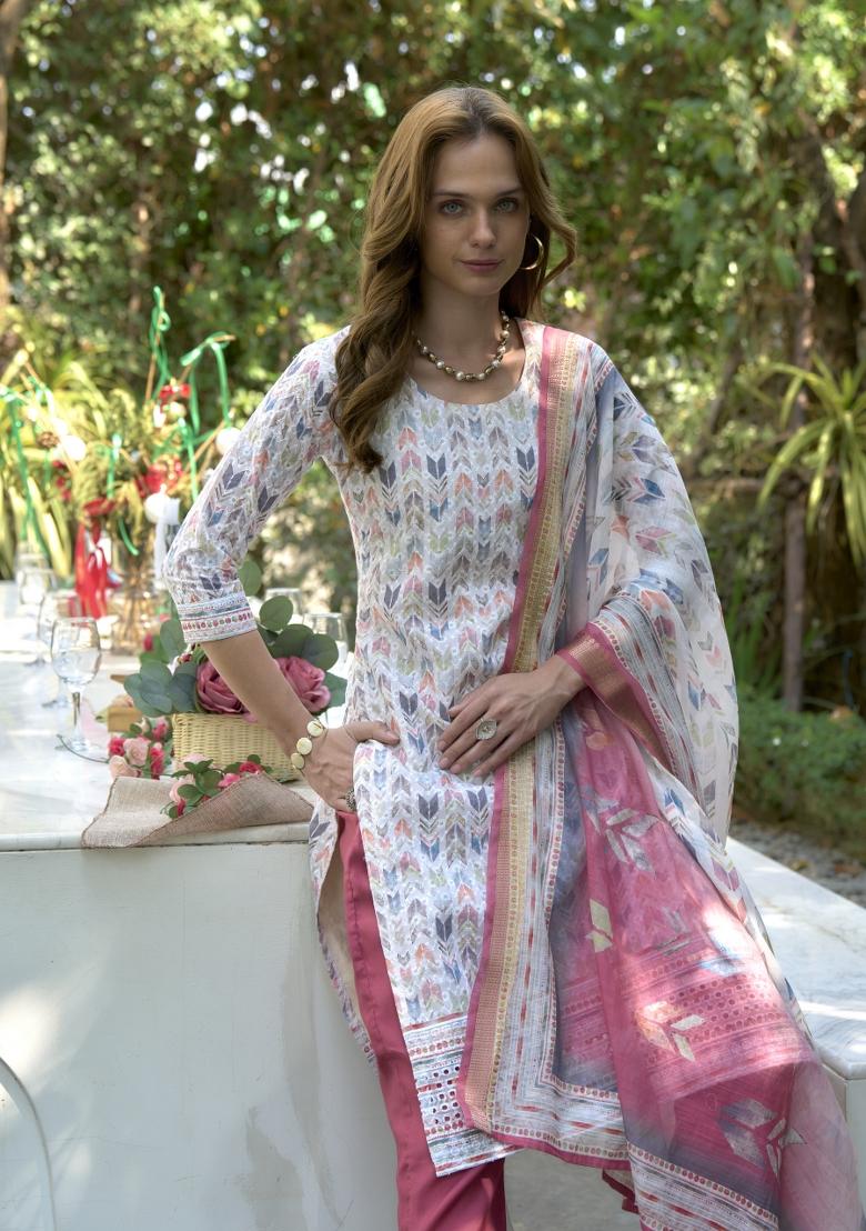 White Pure Cotton Printed Kurta Set