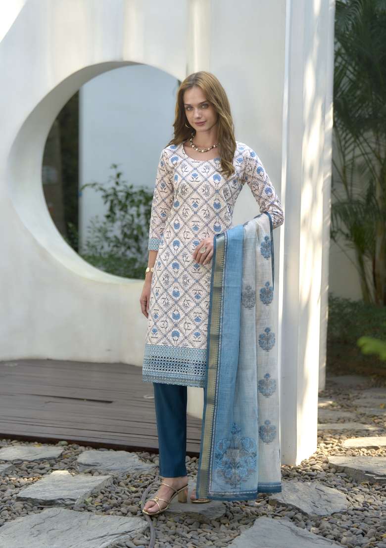 White Pure Cotton Printed Kurta Set - Indya