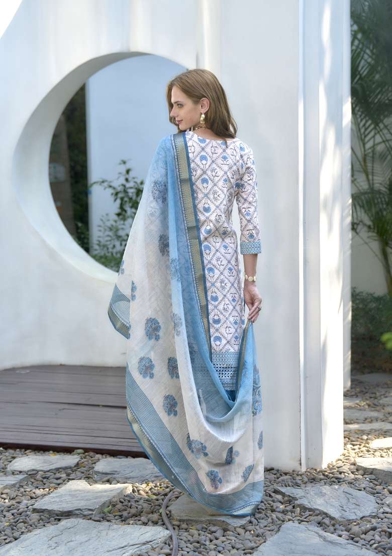 White Pure Cotton Printed Kurta Set - Indya