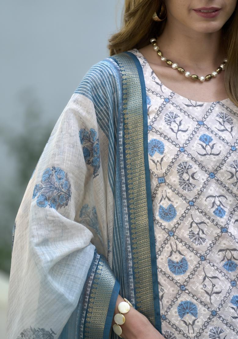 White Pure Cotton Printed Kurta Set