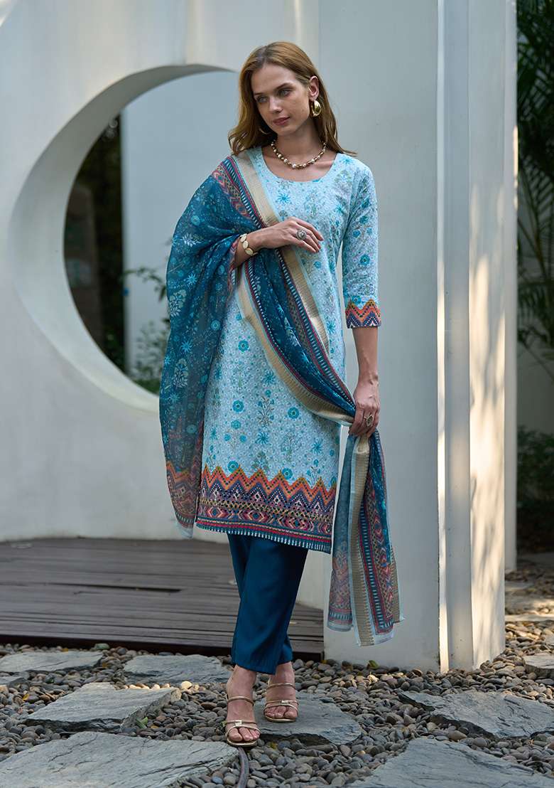 Blue Pure Cotton Printed Kurta Set - Indya