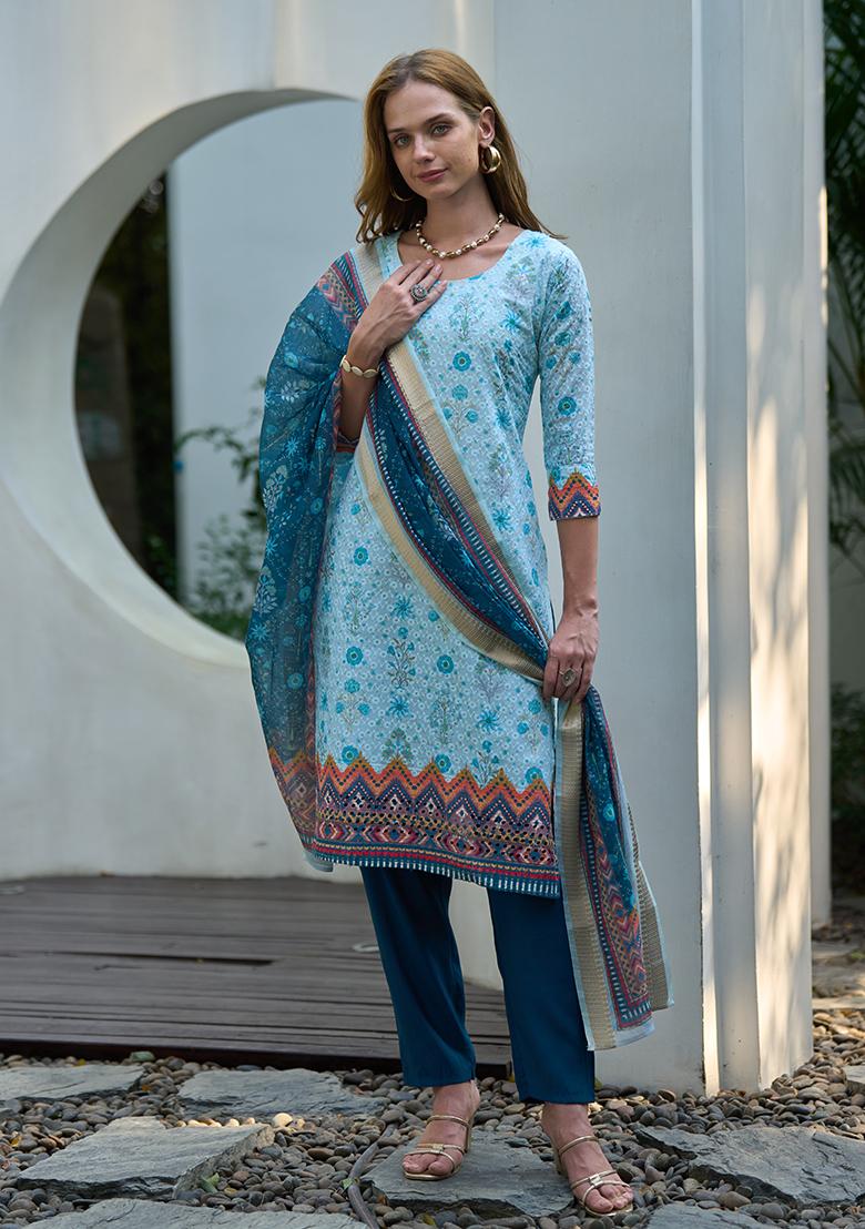 Blue Pure Cotton Printed Kurta Set