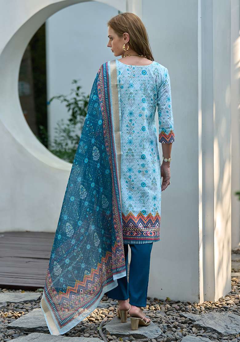 Blue Pure Cotton Printed Kurta Set - Indya