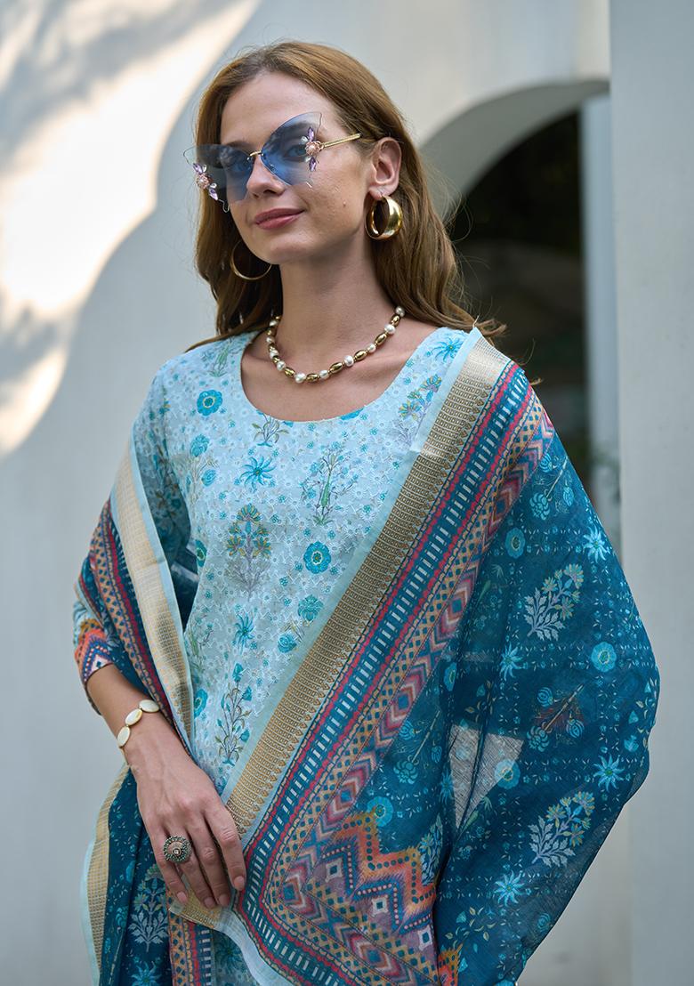 Blue Pure Cotton Printed Kurta Set