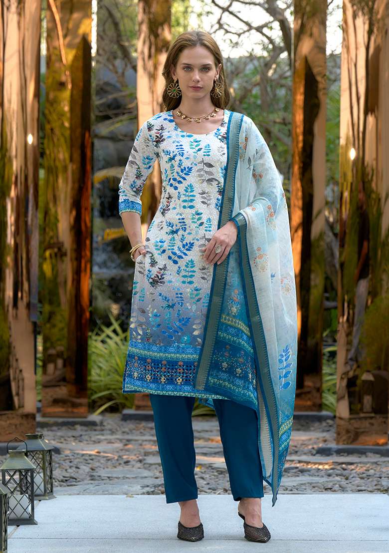 White Pure Cotton Printed Kurta Set - Indya
