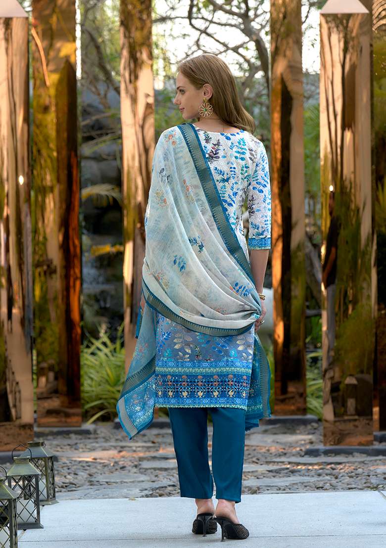 White Pure Cotton Printed Kurta Set - Indya