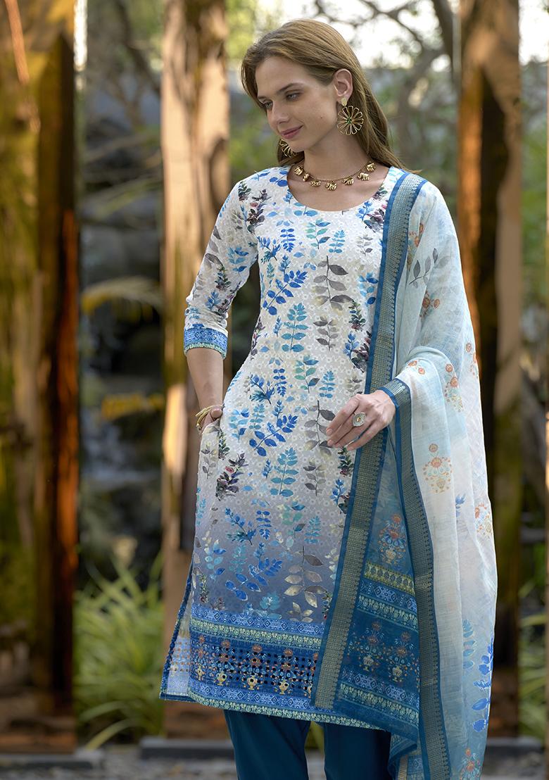 White Pure Cotton Printed Kurta Set