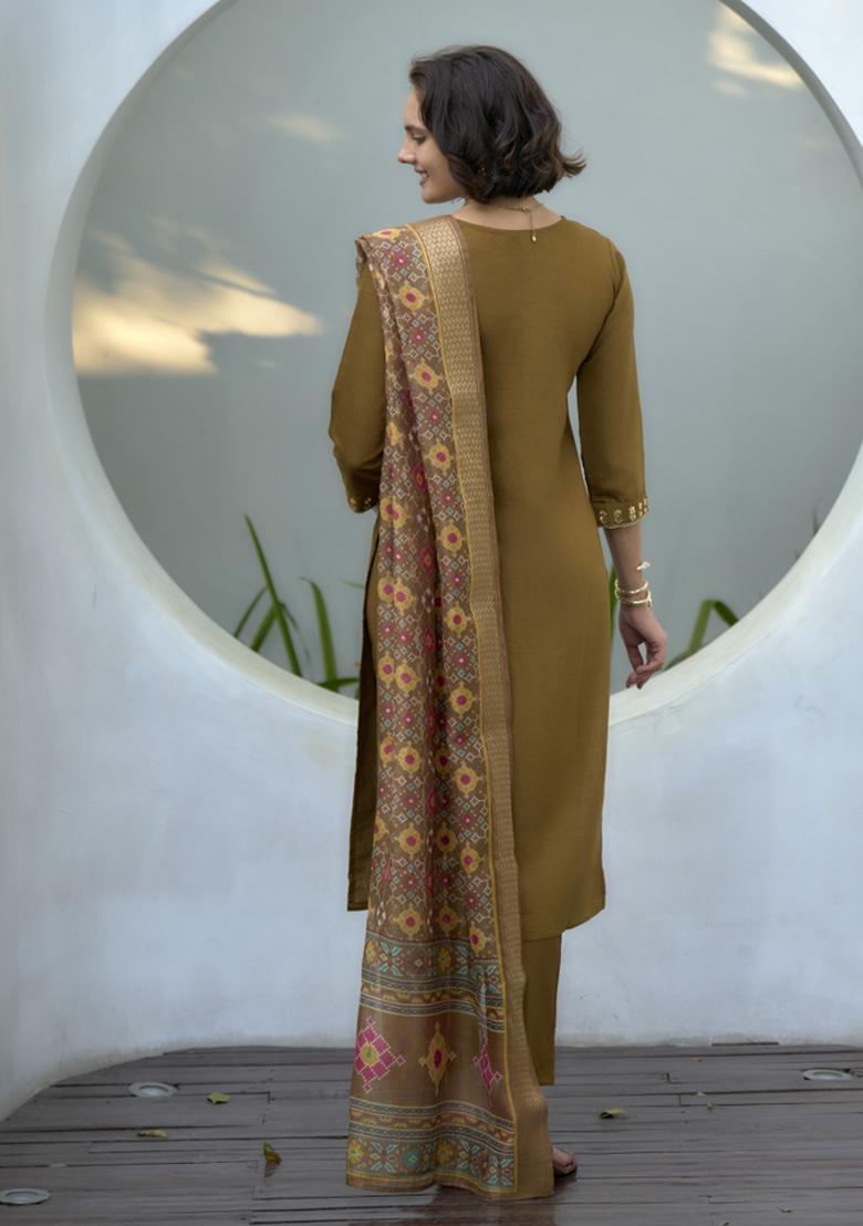 Navy Blue And White Printed Cotton Blend Salwar Kameez With Dupatta