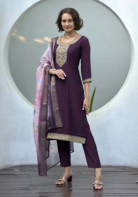 Wine Vatican Printed Kurta Set