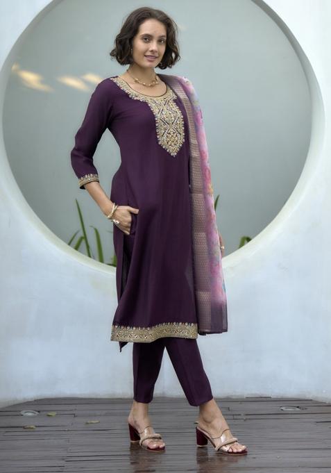 Wine Kurta Set in Vatican Fabric with Contrasting Chinnon Dupatta