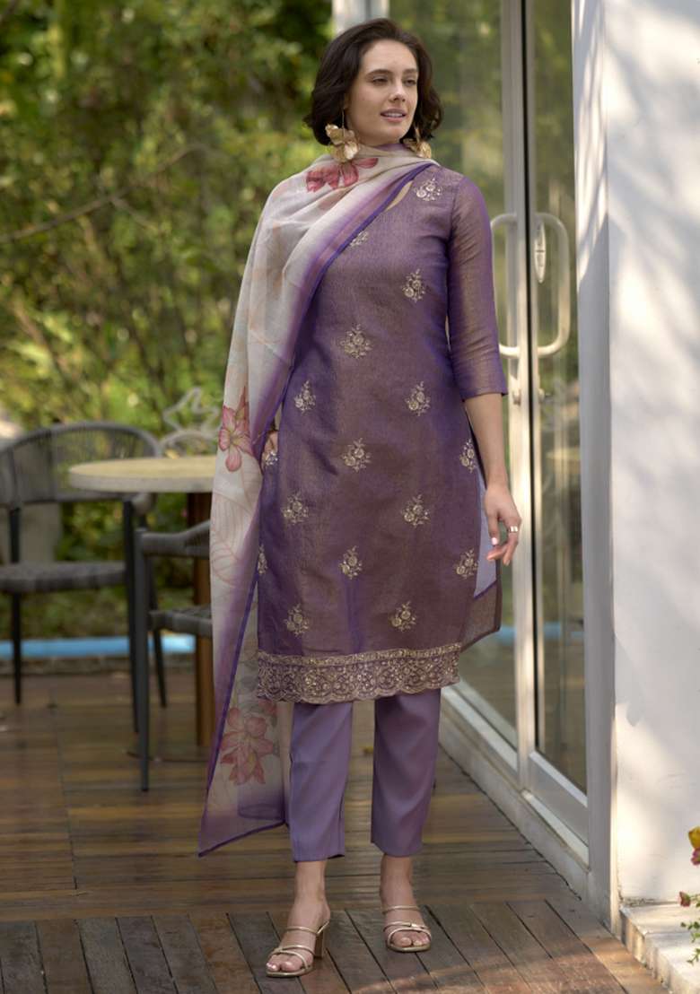 Purple Tissue Printed Kurta Set - Indya