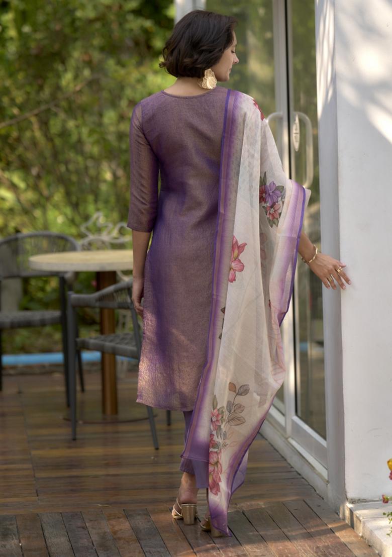 Purple Tissue Printed Kurta Set