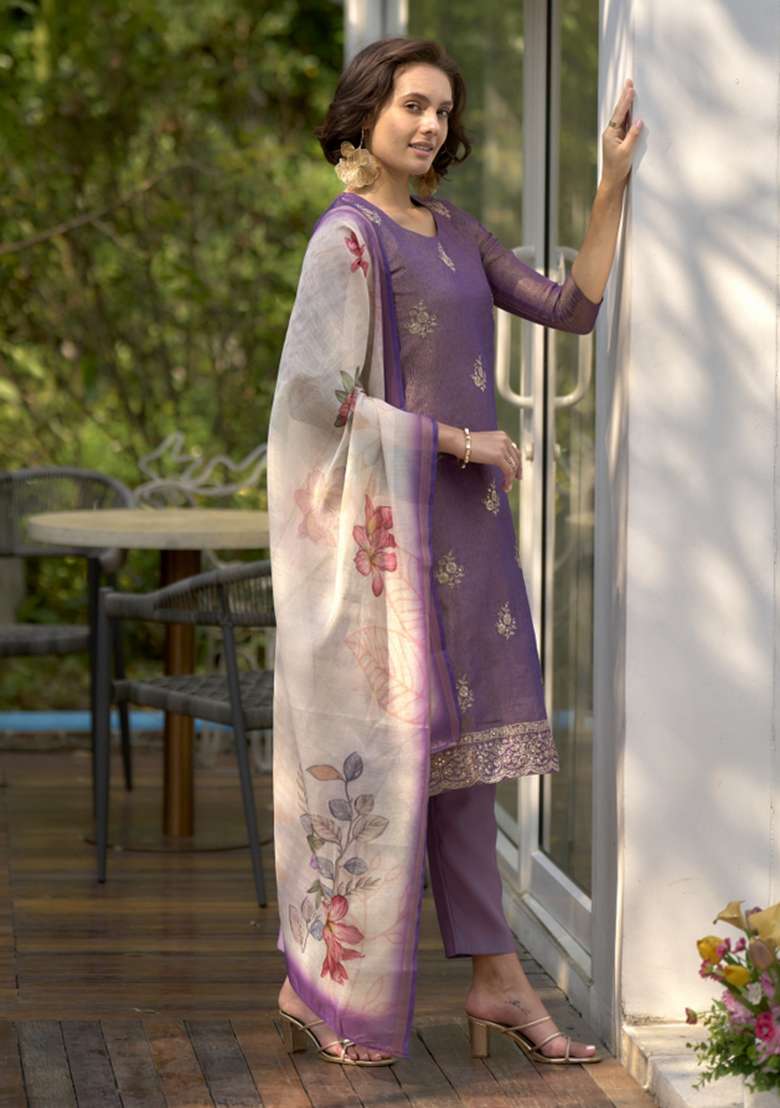 Purple Tissue Printed Kurta Set - Indya