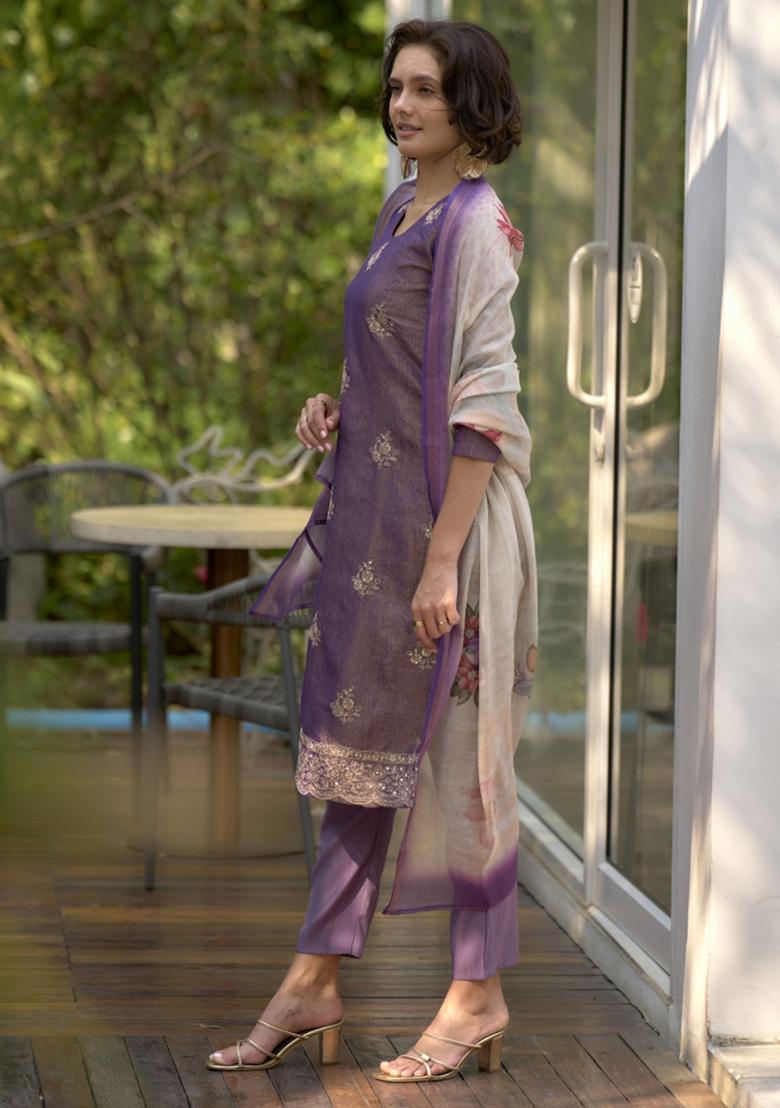 Purple Tissue Printed Kurta Set