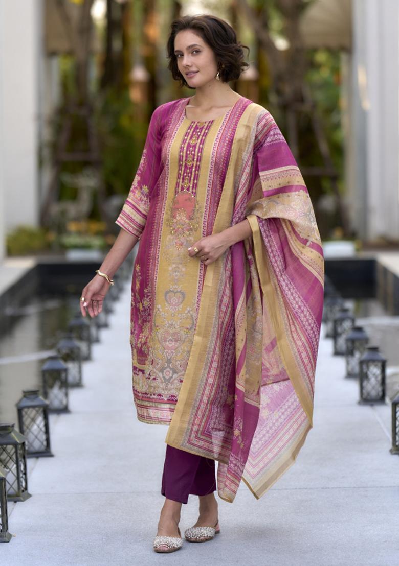 Purple Silk Blend Printed Kurta Set