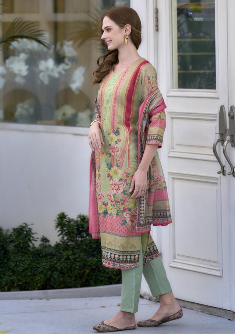 Green Silk Blend Printed Kurta Set