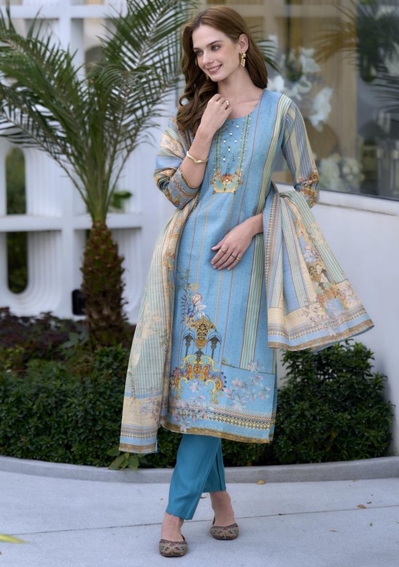 Blue Silk Blend Printed Kurta Set