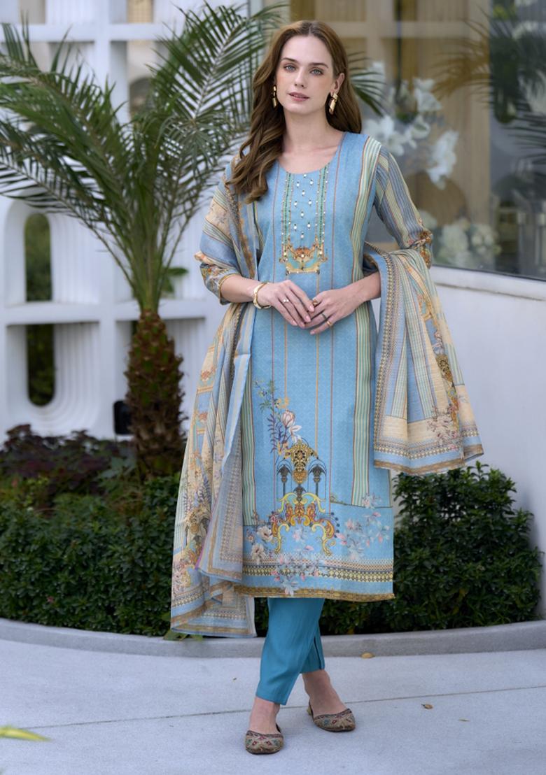 Blue Silk Blend Printed Kurta Set