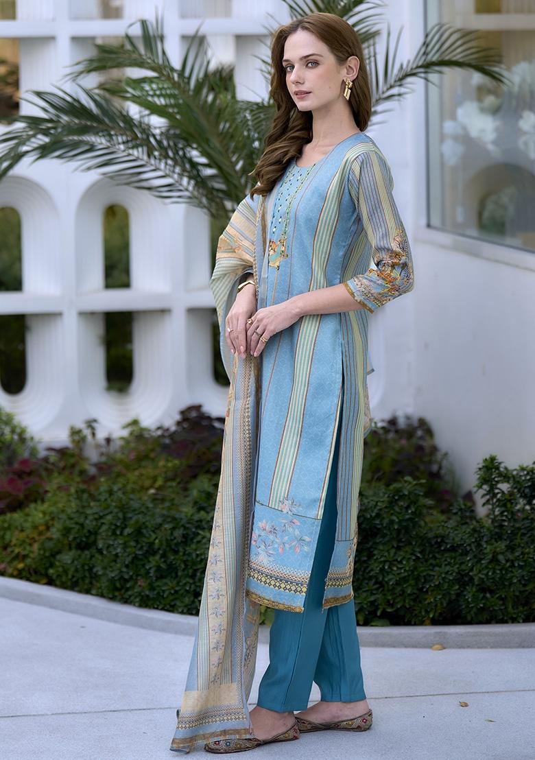Blue Silk Blend Printed Kurta Set