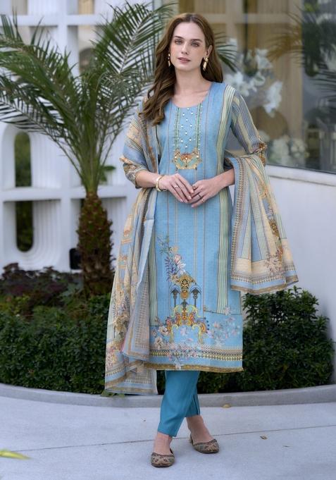 Blue Silk Blend Printed Kurta Set
