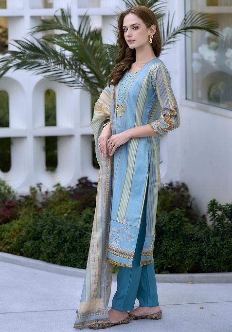 Blue Silk Blend Printed Kurta Set