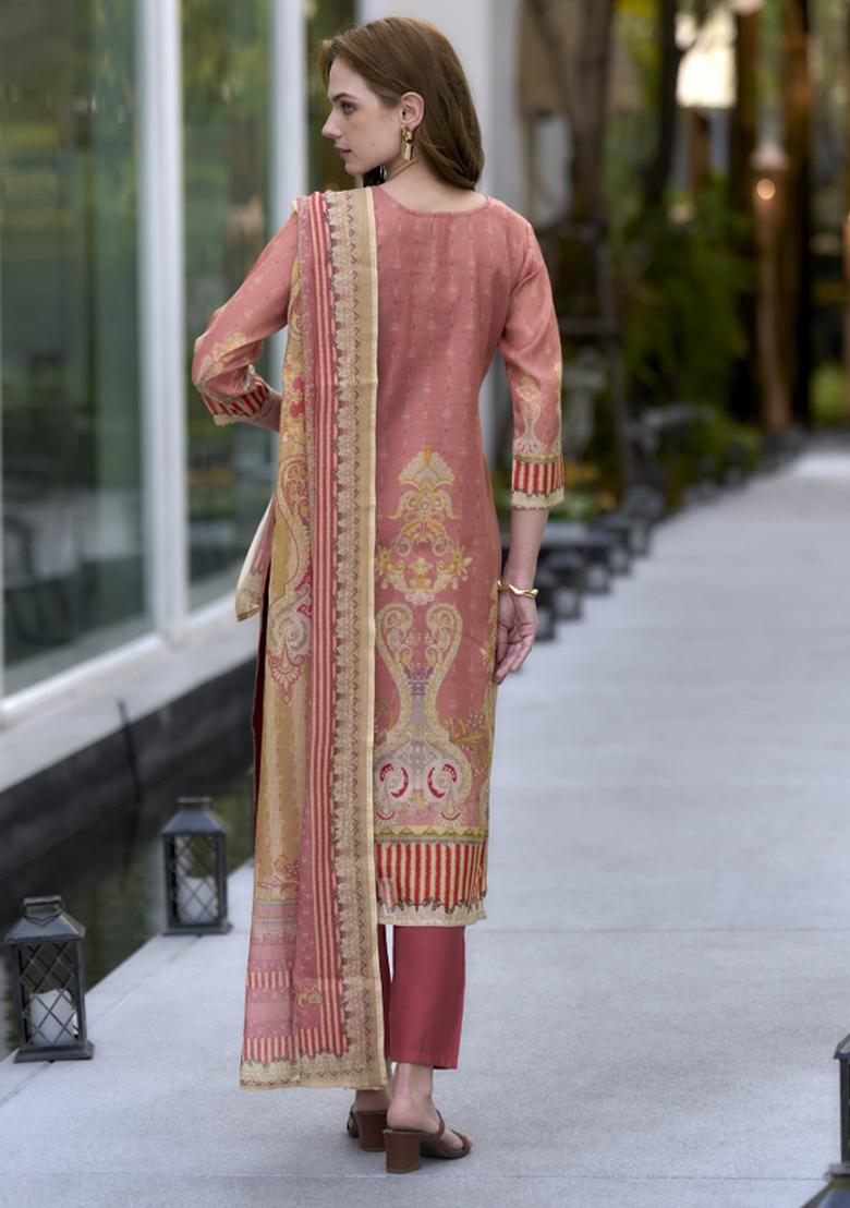 Peach Silk Blend Printed Kurta Set