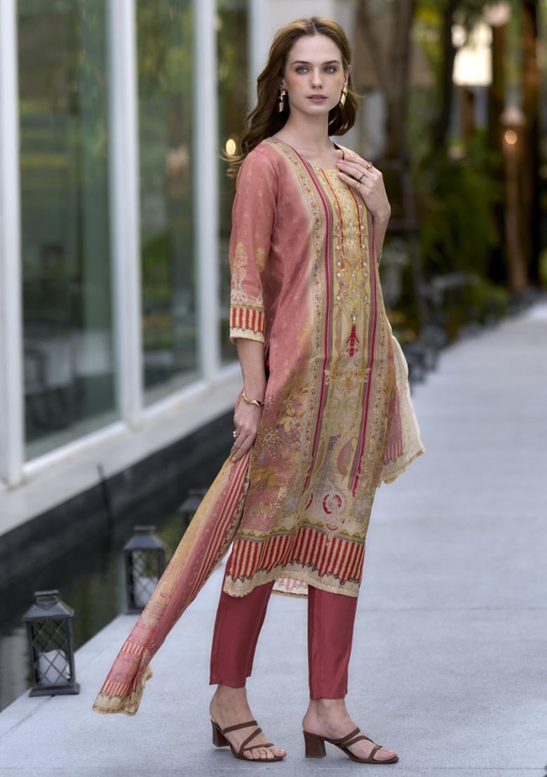 Peach Silk Blend Printed Kurta Set