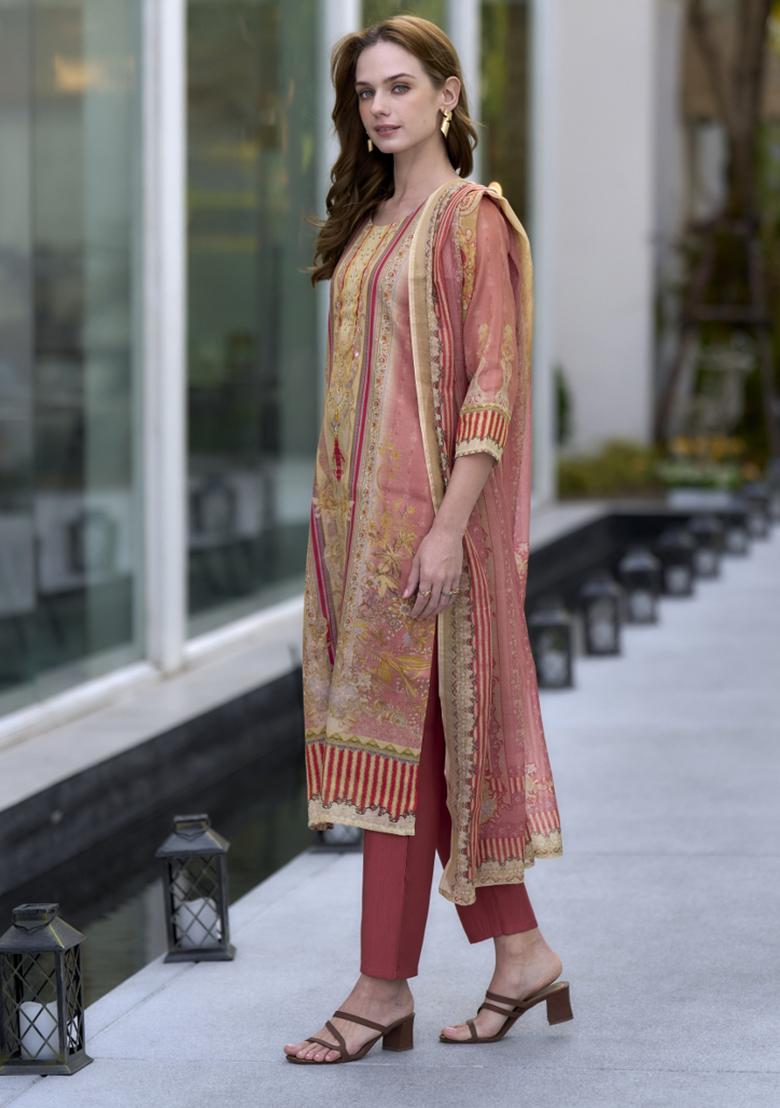 Peach Silk Blend Printed Kurta Set