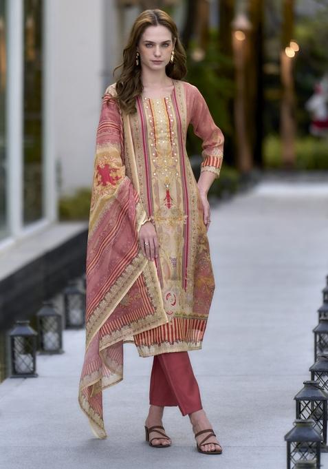 Peach Silk Blend Printed Kurta Set
