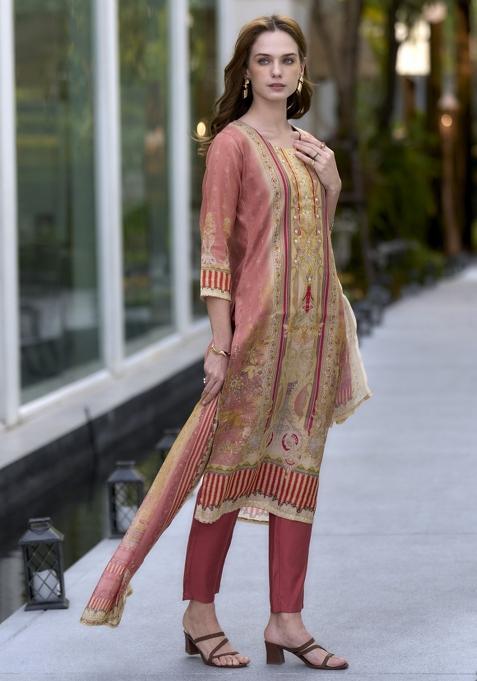 Peach Silk Blend Printed Kurta Set