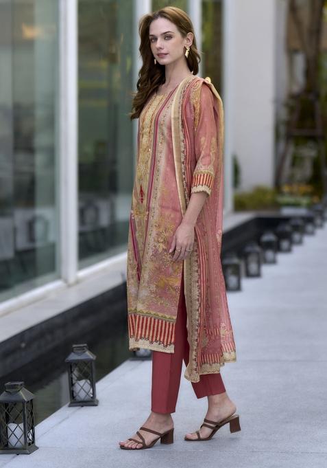 Peach Silk Blend Printed Kurta Set