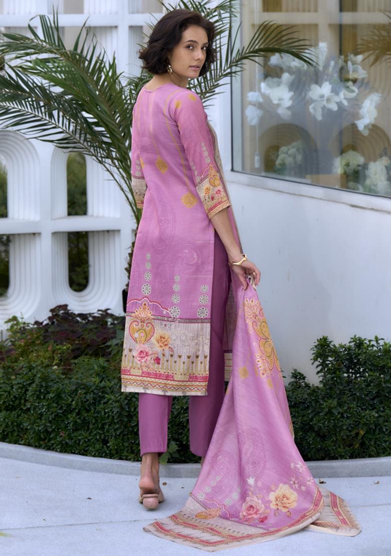 Pink Silk Blend Printed Kurta Set