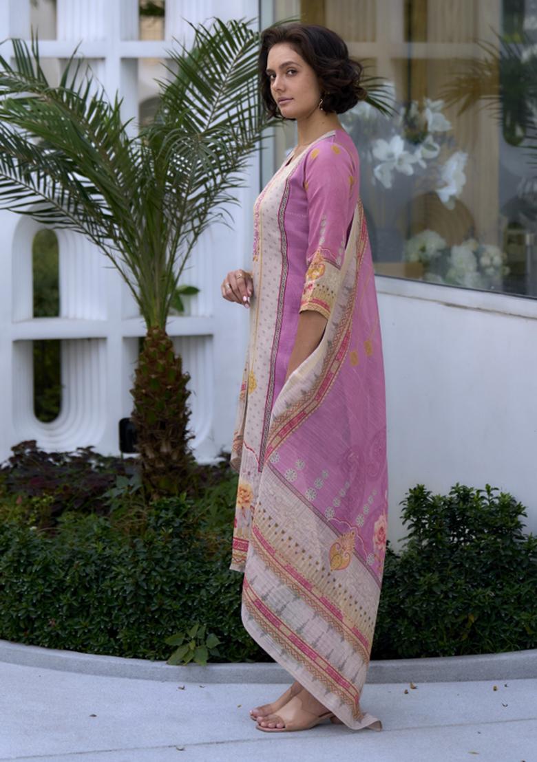 Pink Silk Blend Printed Kurta Set