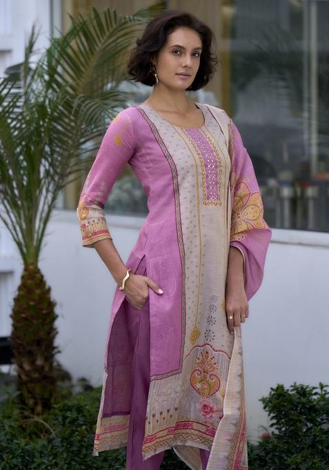 Pink Silk Blend Printed Kurta Set