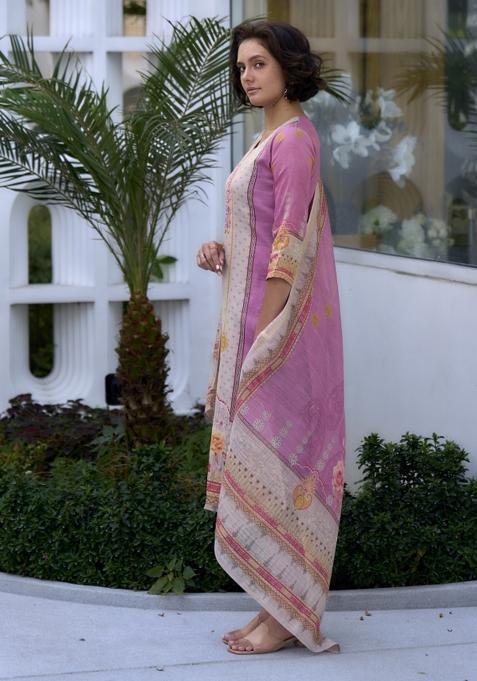Pink Silk Blend Printed Kurta Set