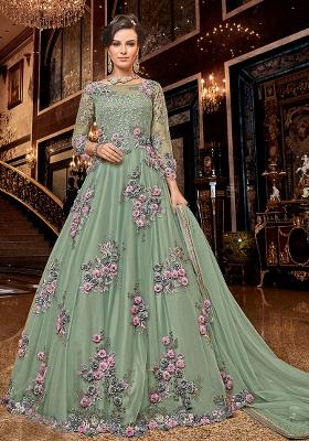 Mint Green Embroidered Net Anarkali Set With Dupatta