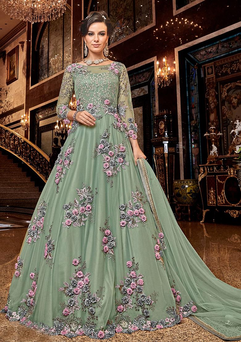 Mint Green Embroidered Net Anarkali Set With Dupatta