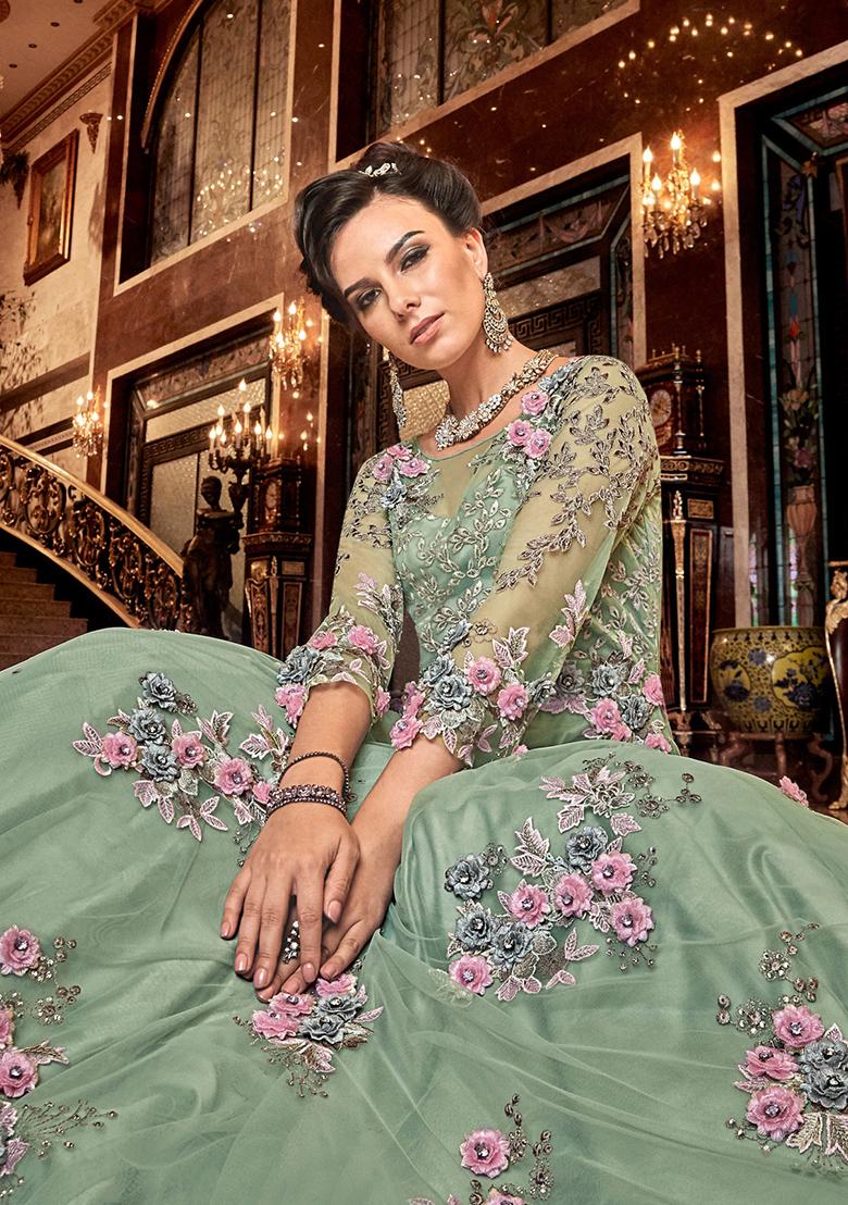 Mint Green Embroidered Net Anarkali Set With Dupatta