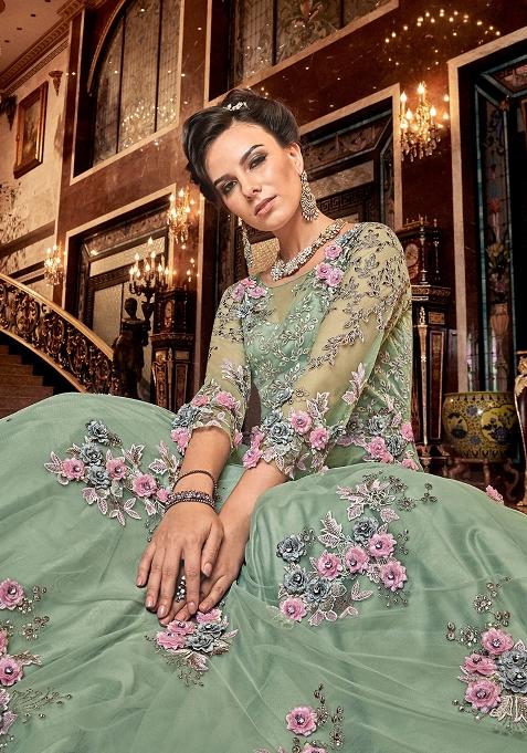 Mint Green Embroidered Net Anarkali Set With Dupatta