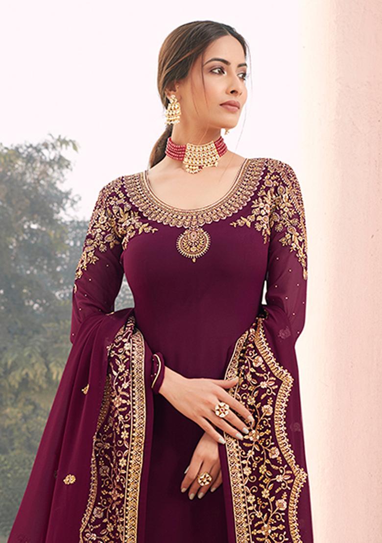 Wine Embroidered Georgette Salwar Kameez With Dupatta