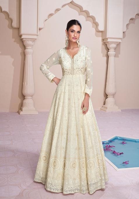 Off White Embroidered Georgette Anarkali Kurta