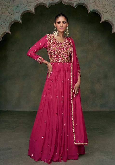 Pink Embroidered Art Silk Anarkali Set With Dupatta