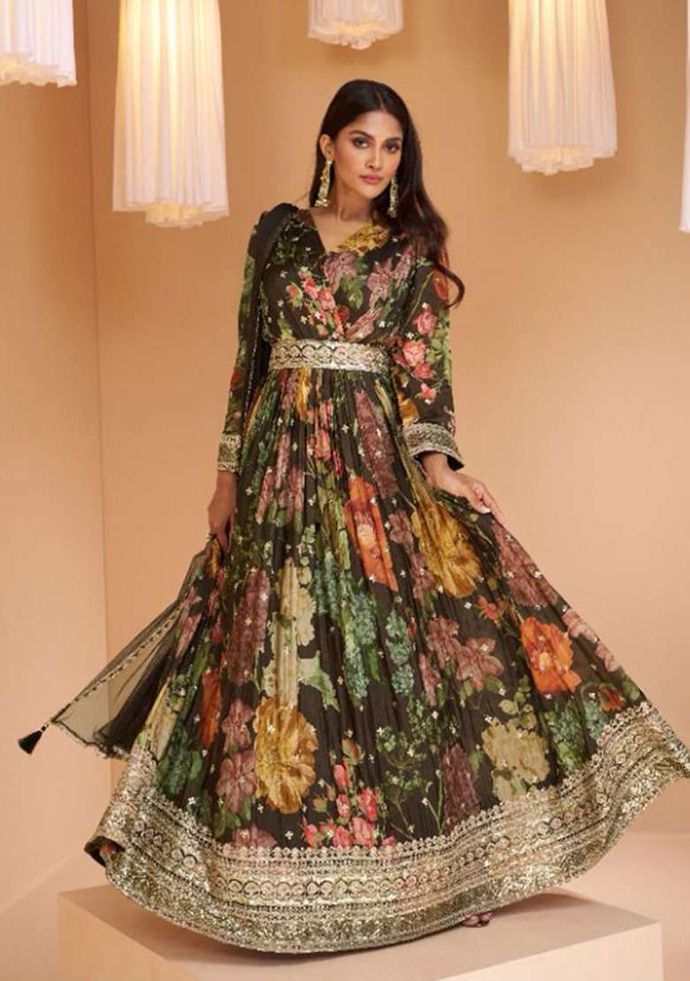 Black Embroidered Georgette Anarkali With Dupatta - Indya