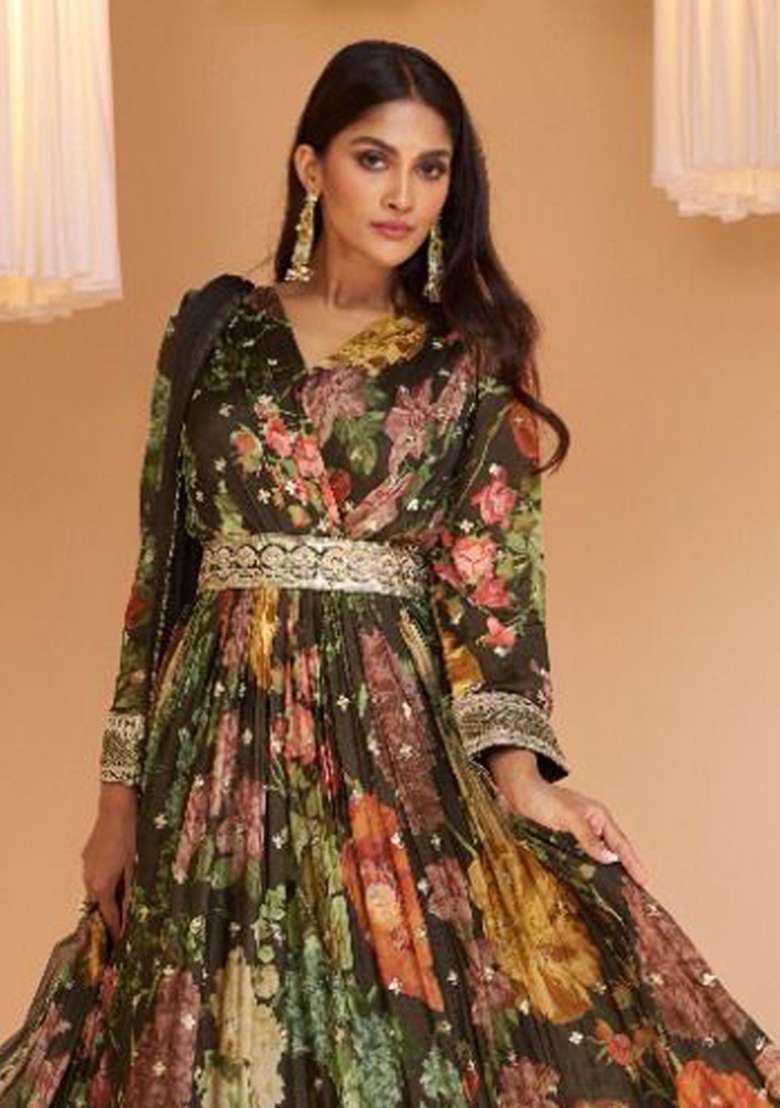 Black Embroidered Georgette Anarkali With Dupatta - Indya