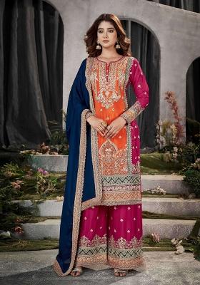 Multi Embroidered Chinnon Palazzo Set With Dupatta