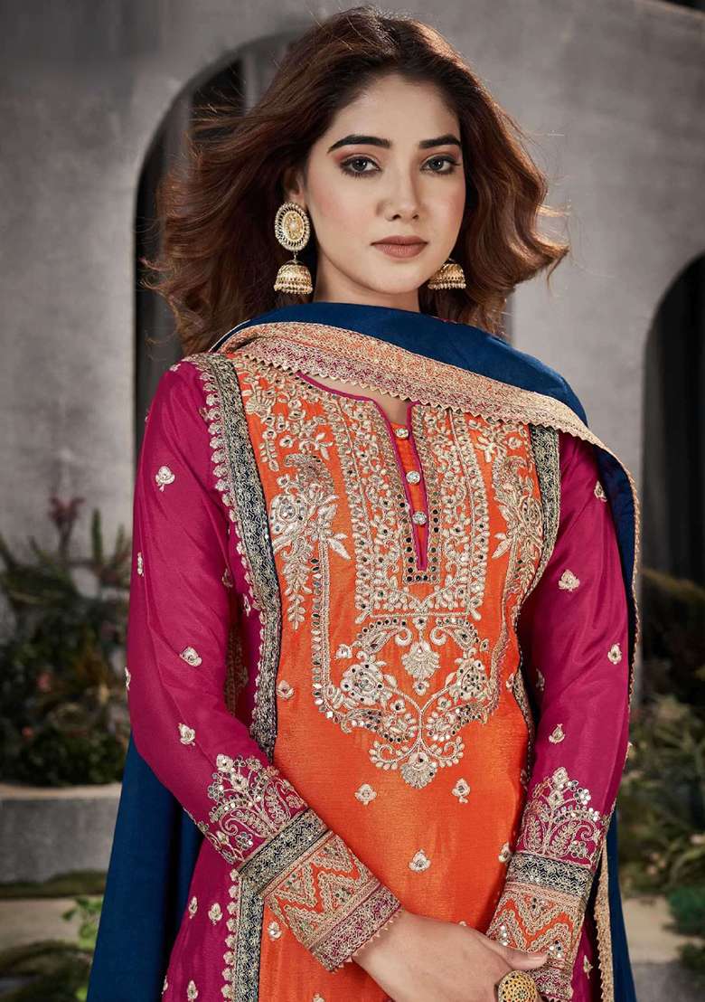Multi Embroidered Chinnon Palazzo Set With Dupatta - Indya