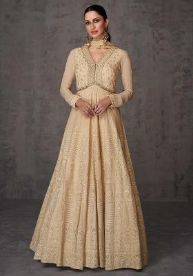 Beige Embroidered Georgette Anarkali Set With Dupatta