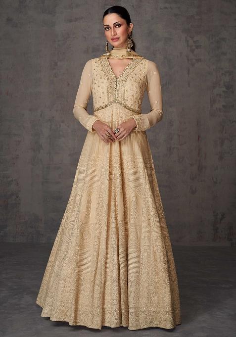 Beige Embroidered Georgette Anarkali Set With Dupatta