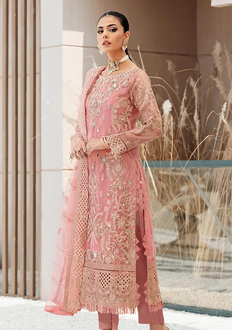 Pink Embroidered Organza Salwar Kameez With Dupatta