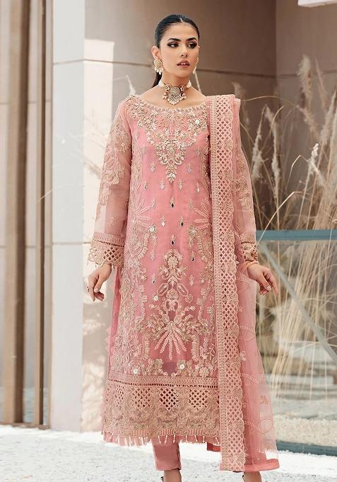 Pink Embroidered Organza Salwar Kameez With Dupatta